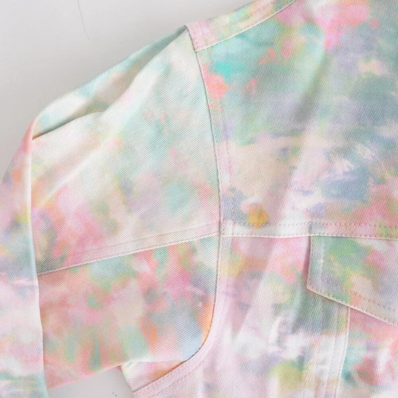 For Love  & Lemons Delphine Tie-Dye Print Cropped Denim Button Up Jacket L NWT - Picture 13 of 13